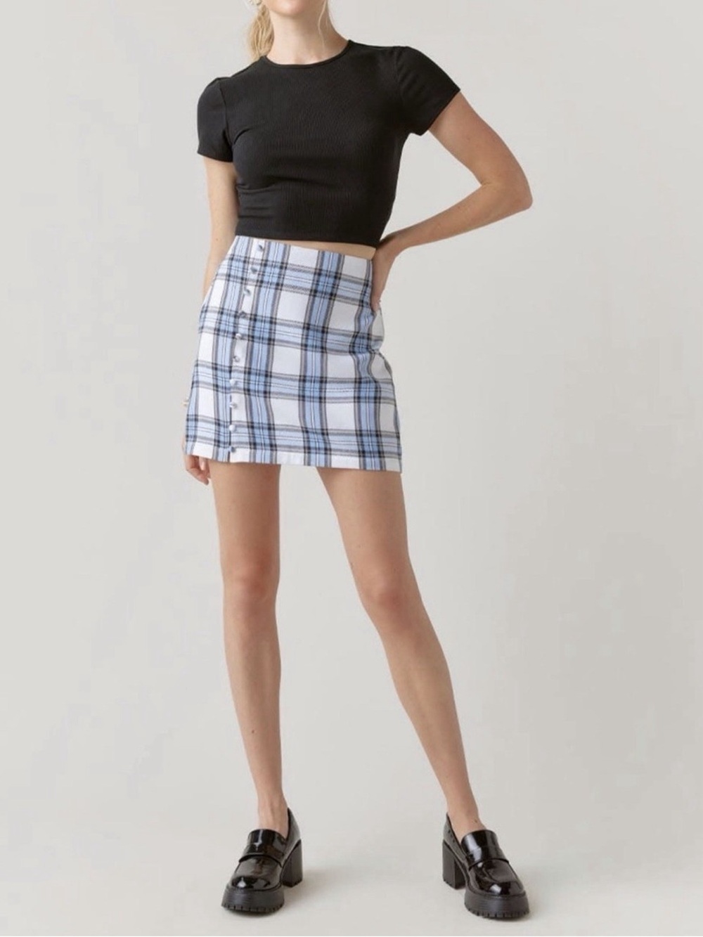Blue Rain Cream & Light Blue Plaid Button-Front Mini Skirt